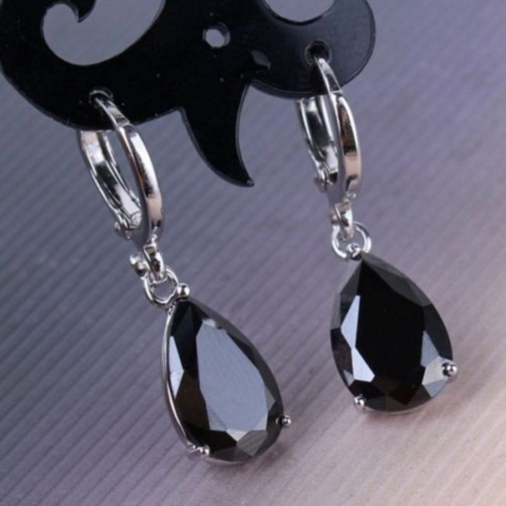 925 Sterling Silver Crystal Hoop Earring - Black